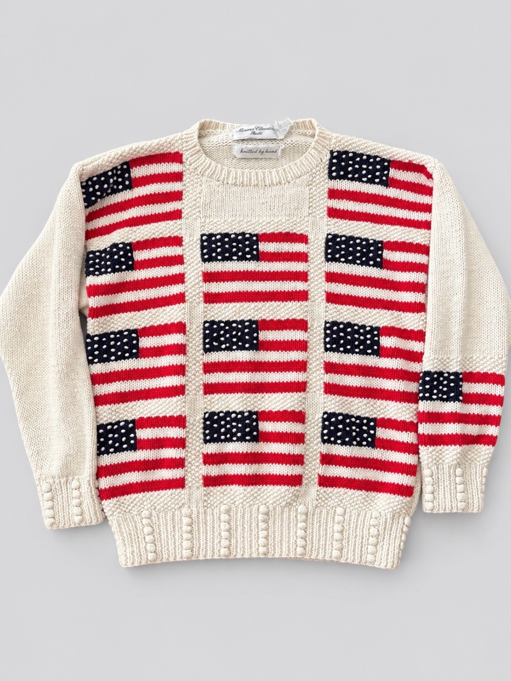 Vintage Hand knit American Flag Cream Sweater Chunky